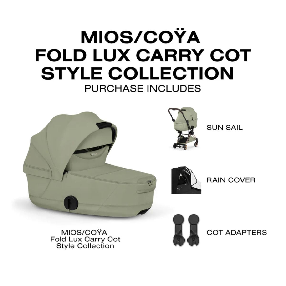 CYBEX MIOS/COYA Fold Lux Carry Cot Style Collection - Sage Green - Premium Style Collection Details
